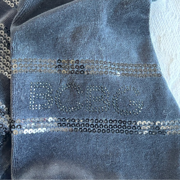 BCBG Maxazria Sweater Women's Size Small Black Velvet & Sequins Y2K Spell Out - Picture 13 of 16